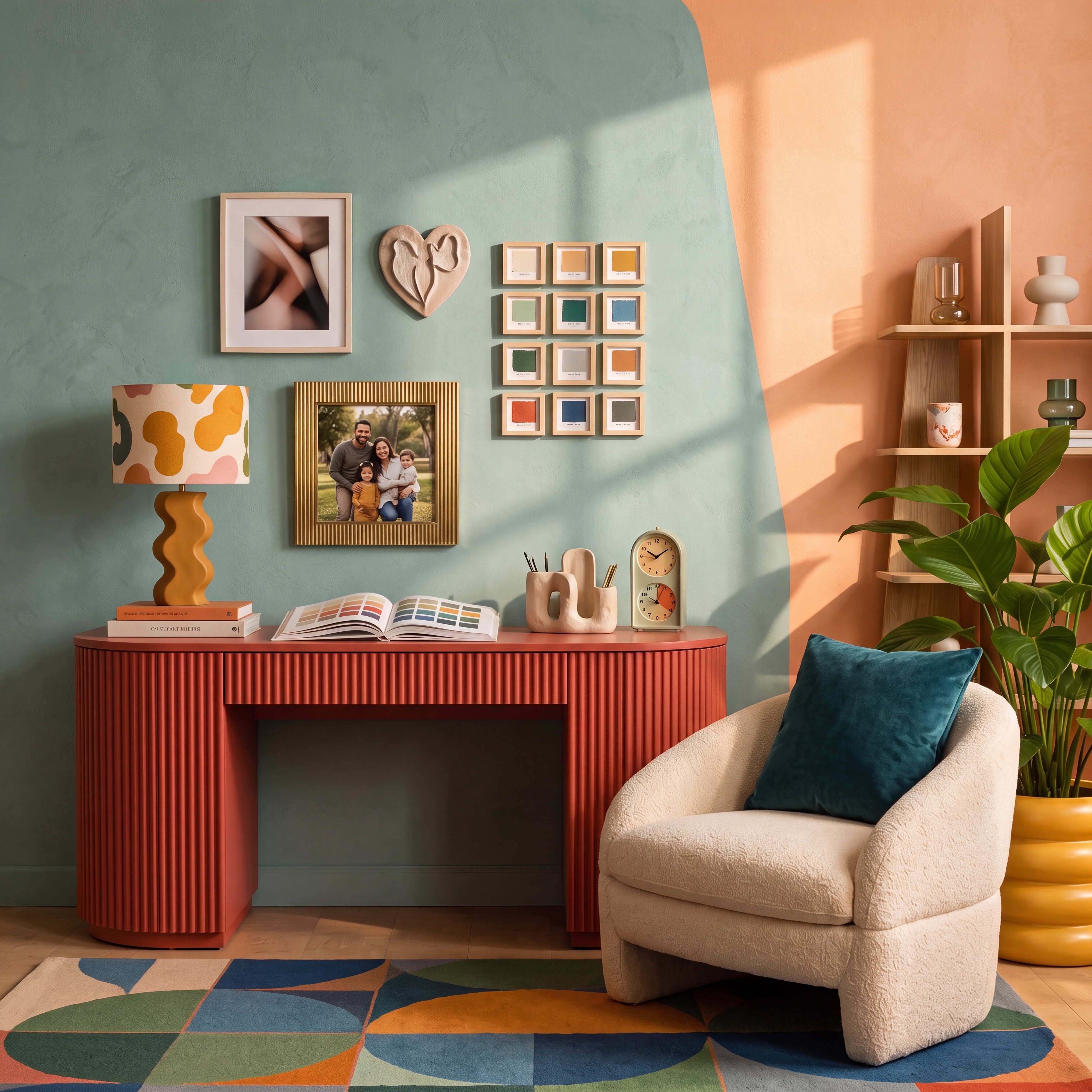 Colorful living room with split-tone walls, shelves, plants, and cozy armchairs