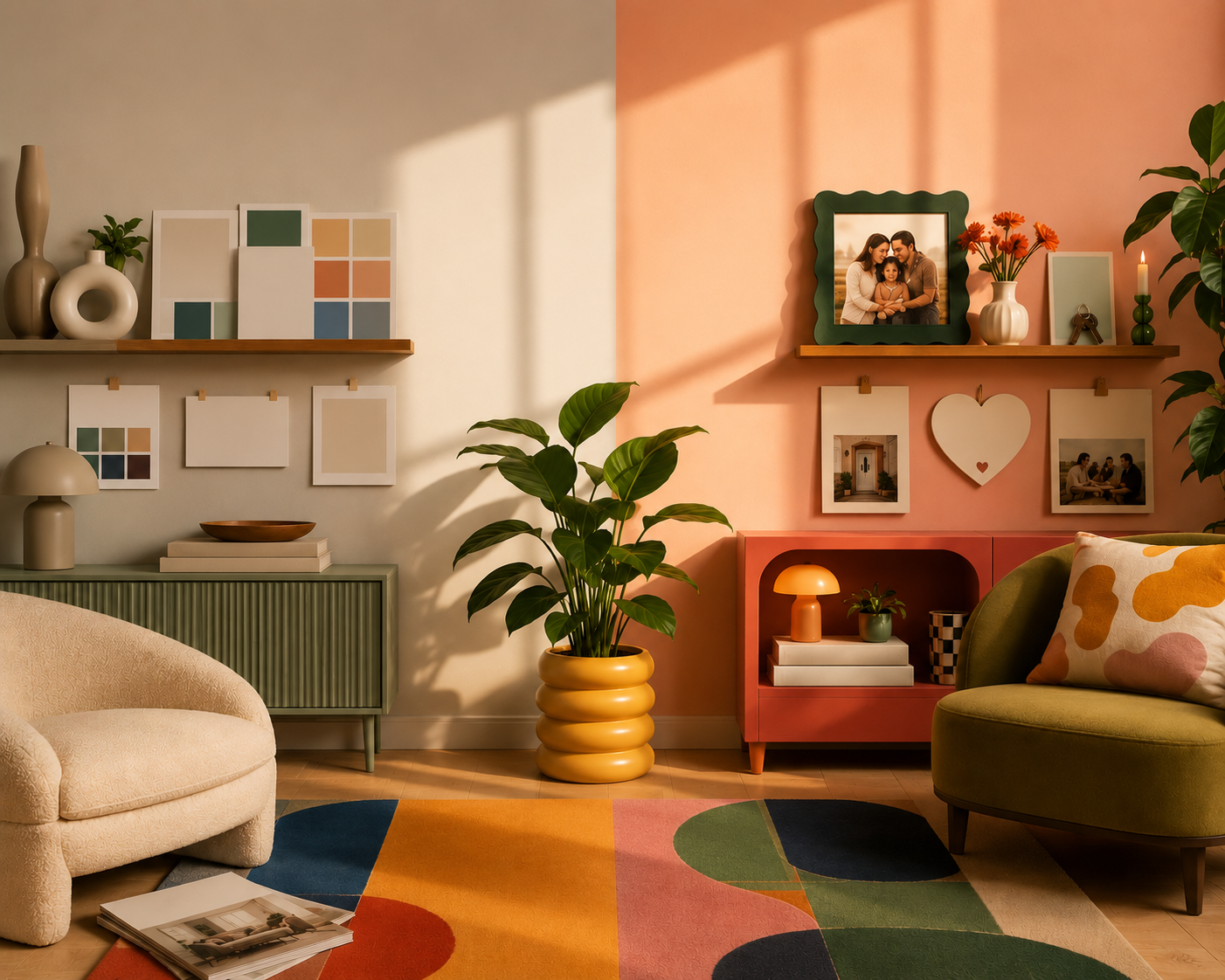 Warm living room with peach and beige walls, colorful rug, and personal photos on the shelves